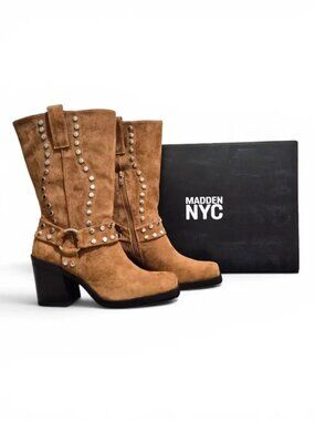 NWT Madden NYC Women's Moto Western Boots Studded Size 10 Faux Suede Brown